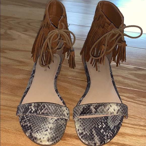 Indigo Shoes - Indigo Rd. Faux Snakeskin Fringe Tassle Tie Sandal